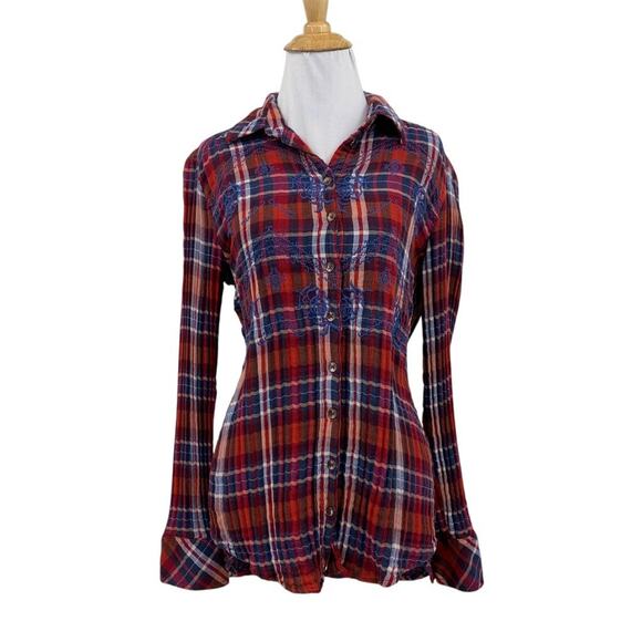 Free People Shirt Womens XS Multi Magical Plaid Lined Button Up Embroidered Top - Picture 1 of 15